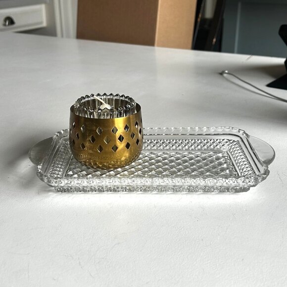 Sparkling Glass Cut Tray & Brass Candleholder W Glass Tulip Insert | 3 PIECE SET - Picture 14 of 14